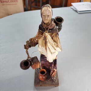 Vintage Paper Mache Old Woman Colorful Sculpture W/ Clay Urns Mexican Folk Art